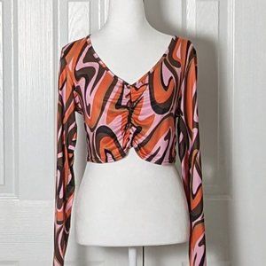 PRETTYLITTLETHING Women's Long Sleeve Crop Top  Size 10  Orange Multi Print